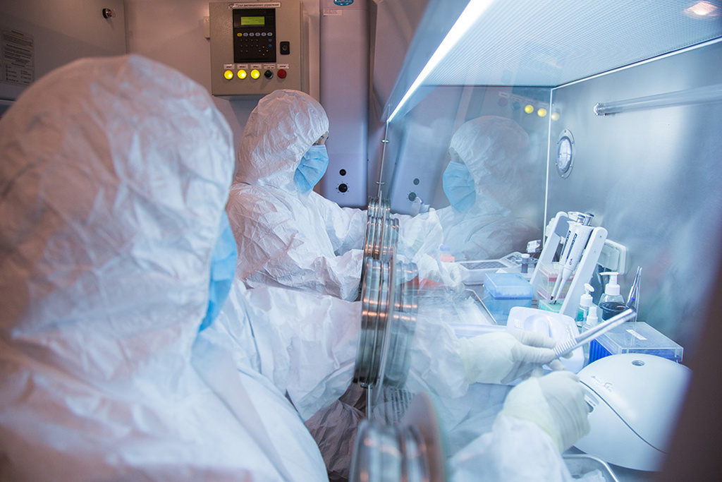 This undated photo, released in 2019, by the Irkutsk Anti-Plague Research Institute of Siberia and Far East, shows the institute workers in a lab.