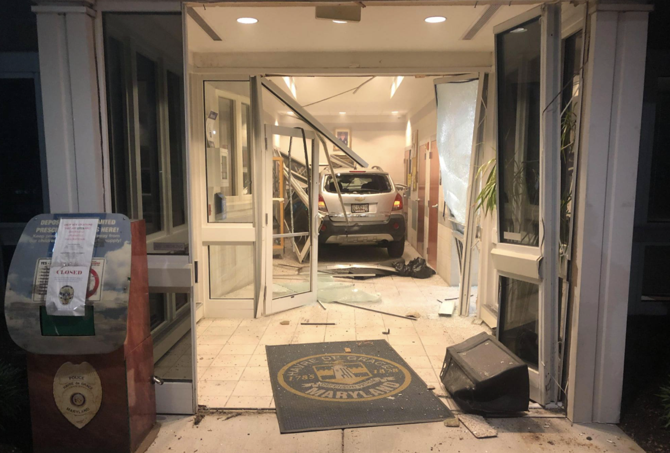 Crash into police station