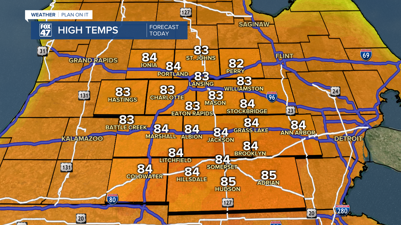 High temperatures expected to range in the mid to lower 80's today across our neighborhoods