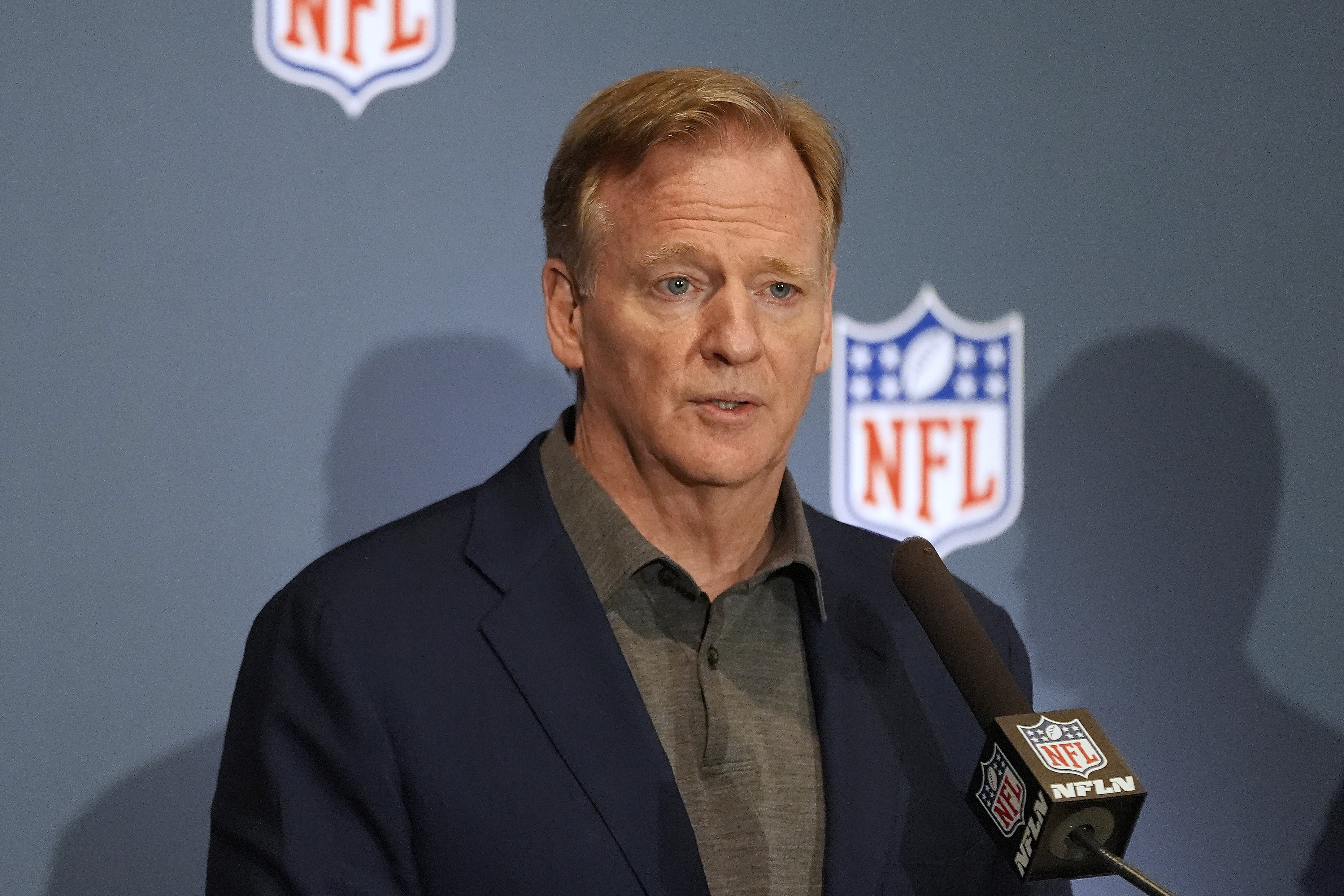 NFL Commissioner Roger Goodell speaks to the media during an NFL football owners meeting, Tuesday, May 20, 2025, in Eagan, Minn. 