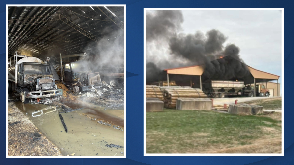 A building and several trucks damaged in Saturday morning fire