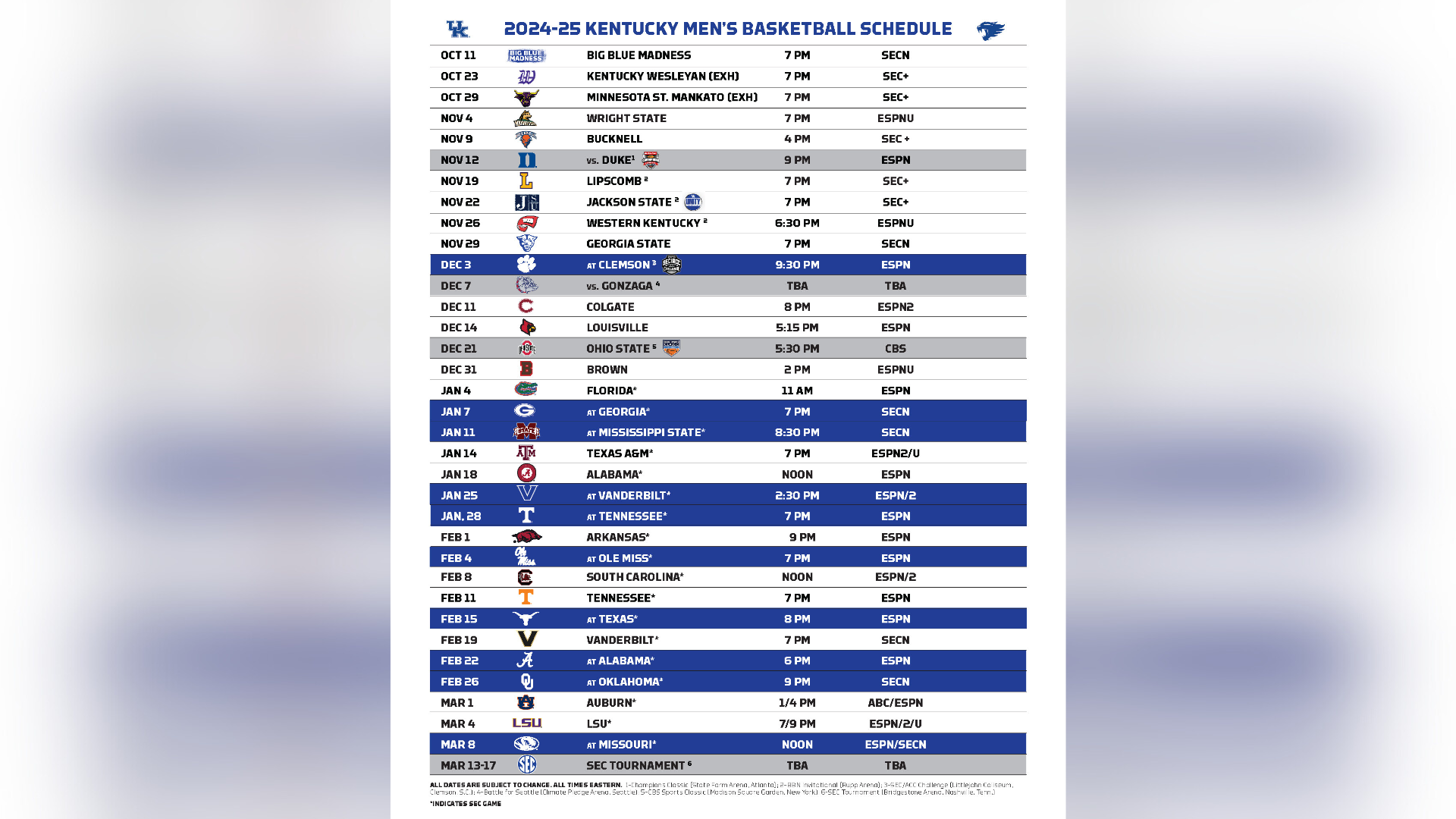 UK men's basketball schedule 