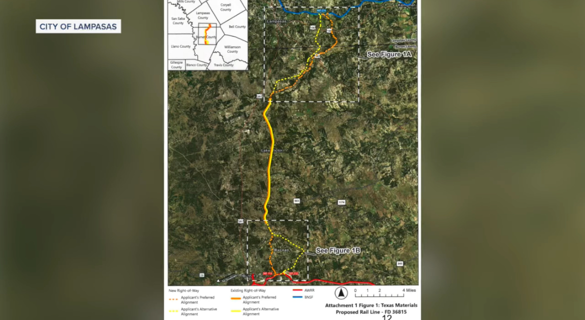 Proposed rail line running from Burnet County to Lampasas