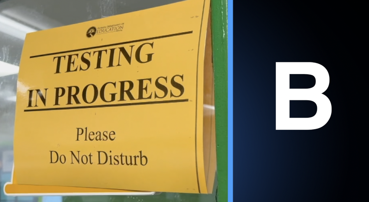 A sign reading "testing in progress, please do not disturb", split screened with a B letter. 