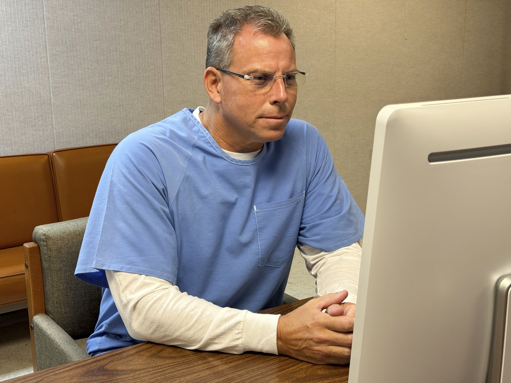 Erik Menendez appears before the parole board via teleconference on Thursday, Aug. 21, 2025, at the Richard J. Donovan Correctional Facility in San Diego.