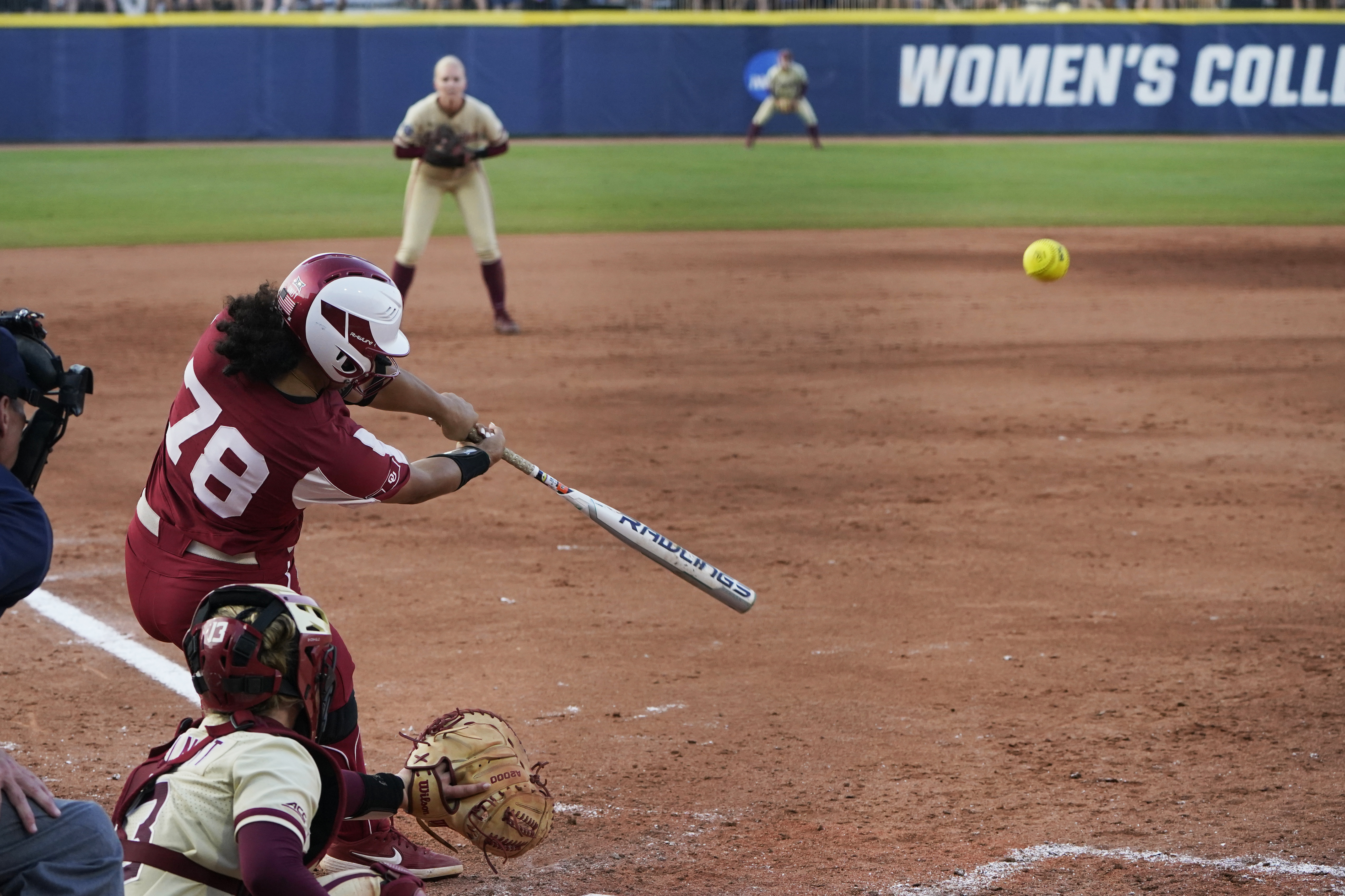 Oklahoma Sooners star Jocelyn Alo hits home run against Florida State Seminoles in sixth inning of second game of Women's College World Series championship series, June 9, 2021