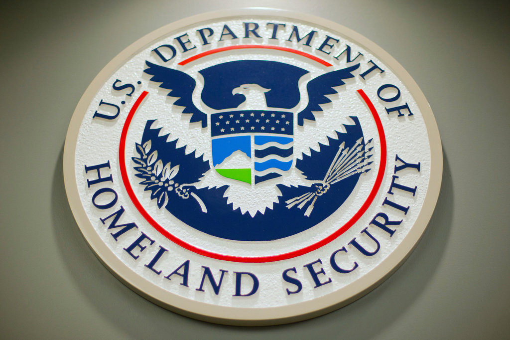 The Department of Homeland Security logo during a news conference in Washington, Feb. 25, 2015. 