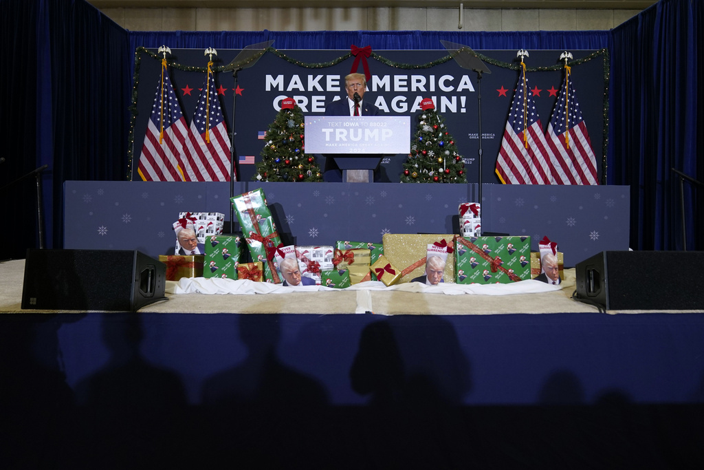 FILE - Donald Trump speaks during a commit to caucus rally, Tuesday, Dec. 19, 2023, in Waterloo, Iowa. 