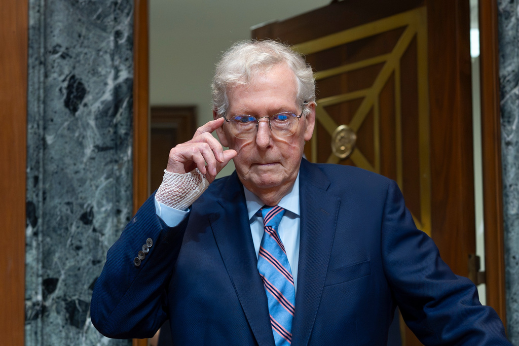 Sen. Mitch McConnell, R-Ky., chair of the Senate Defense Appropriations Subcommittee, arrives for a hearing on President Donald Trump's funding requests for the Army, at the Capitol in Washington, May 19, 2026. 