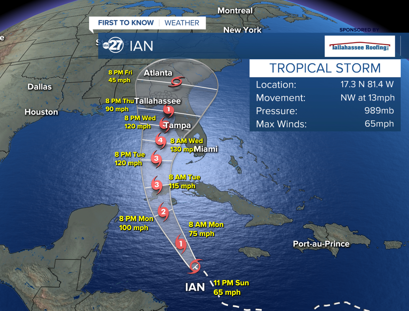 Ian forecast track (11pm 09/25/2022)