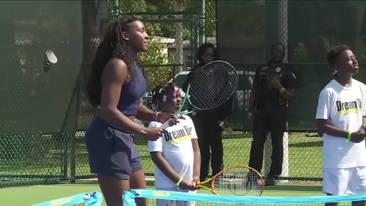 Coco Gauff plays tennis with children at Pompey Park, March 19, 2024