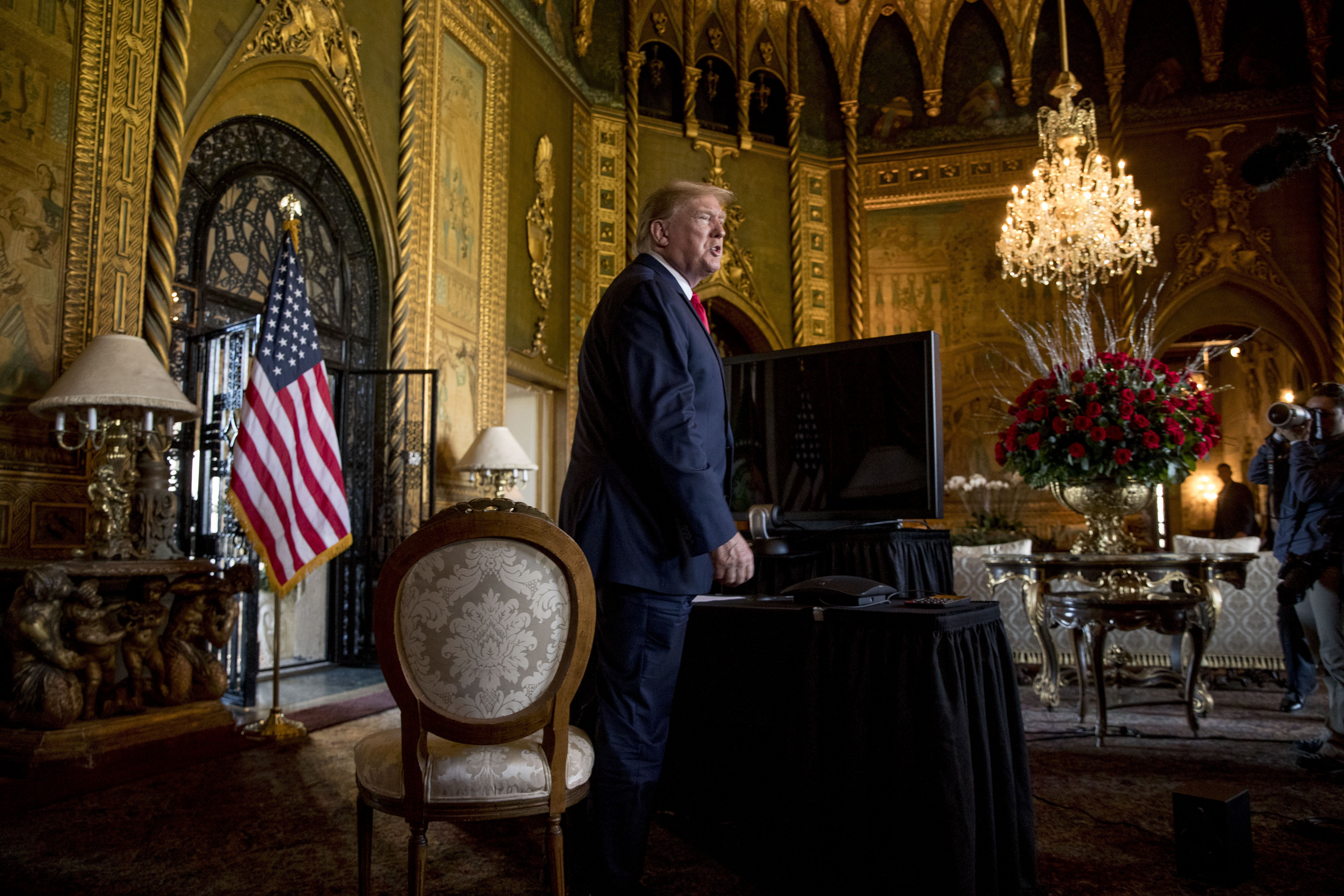 President Donald Trump speaks to media after Christmas Eve 2019 teleconference at Mar-a-Lago