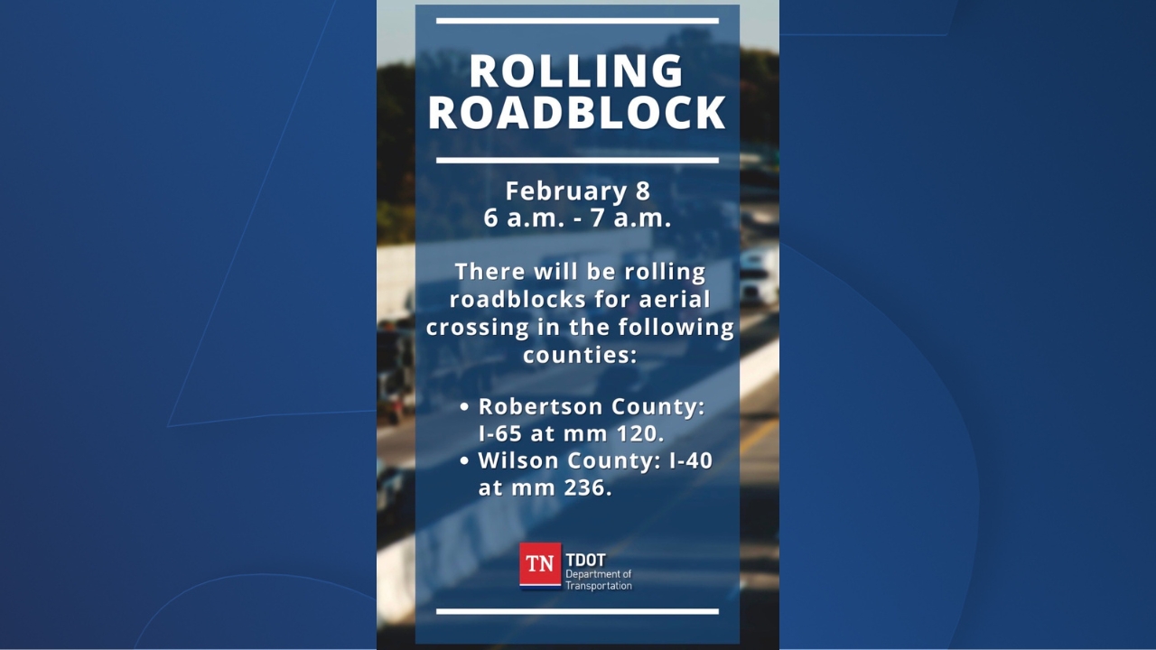 Rolling roadblocks planned on I-65 and I-40 Sunday morning