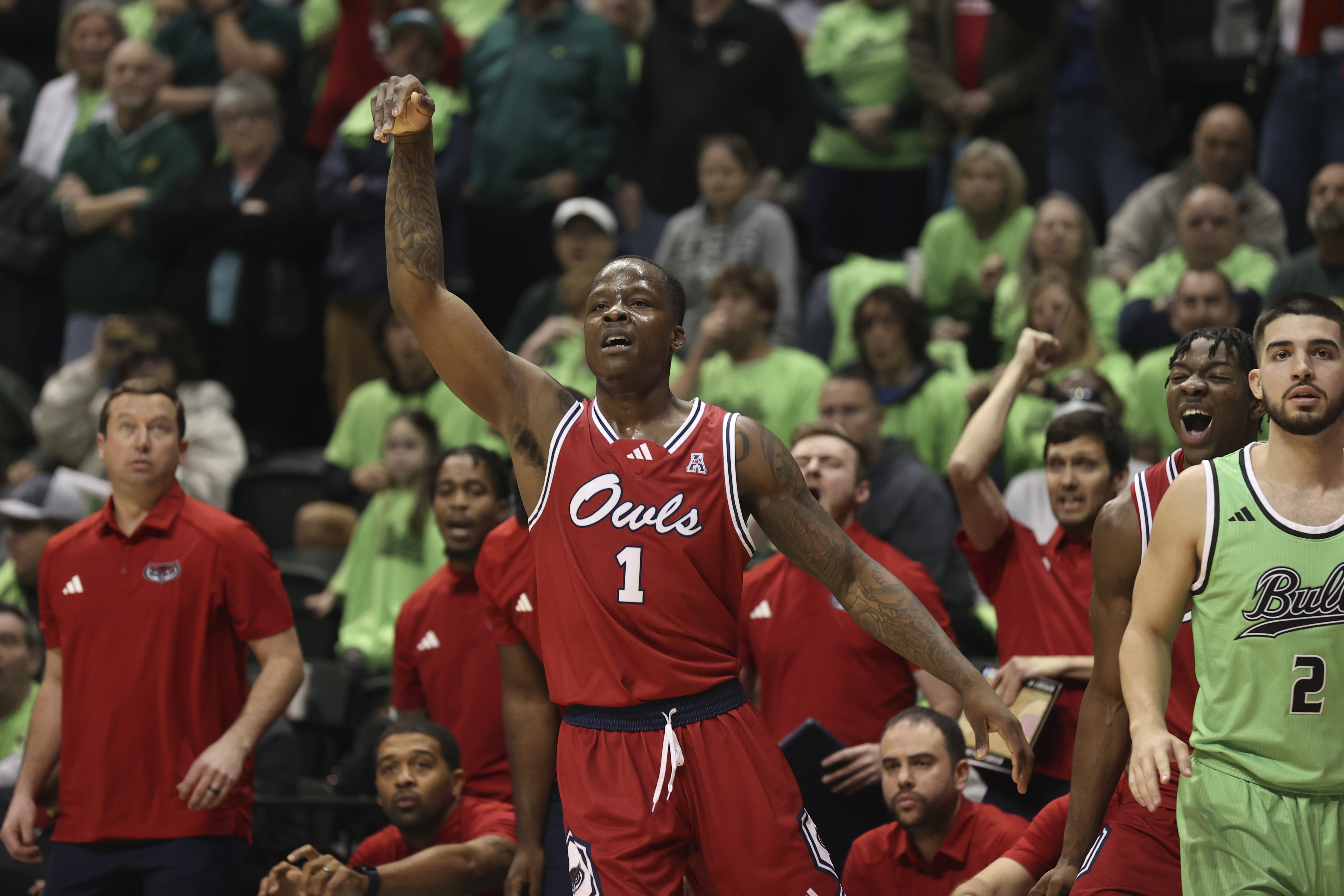 Florida Atlantic Owls guard Johnell Davis watches shot against South Florida Bulls, Feb. 18, 2024