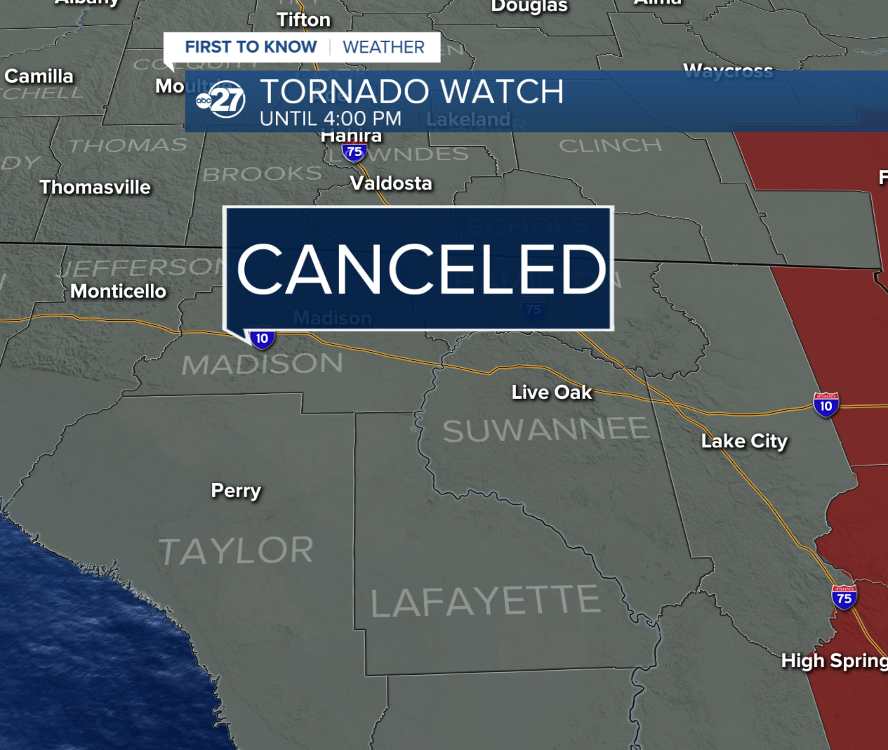 Suwannee River tornado watch has been canceled