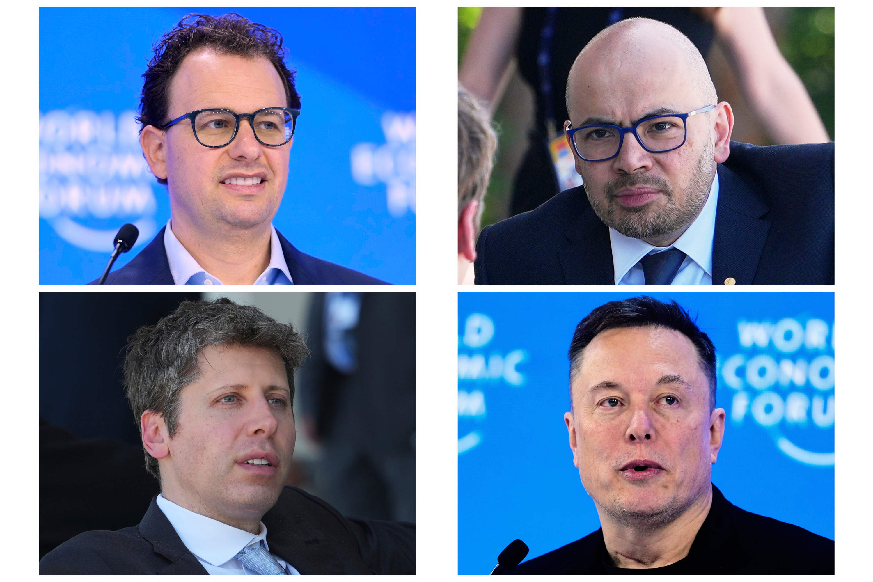 This combination of photos shows CEO & Co-Founder of Anthropic Dario Amodei, top left, on Jan. 23, 2025, co-founder of Google DeepMind Demis Hassabis, top right, and CEO of OpenAI Sam Altman, bottom left, on June 17, 2026, and CEO of SpaceXAI Elon Musk, bottom right, on Jan. 22, 2026.