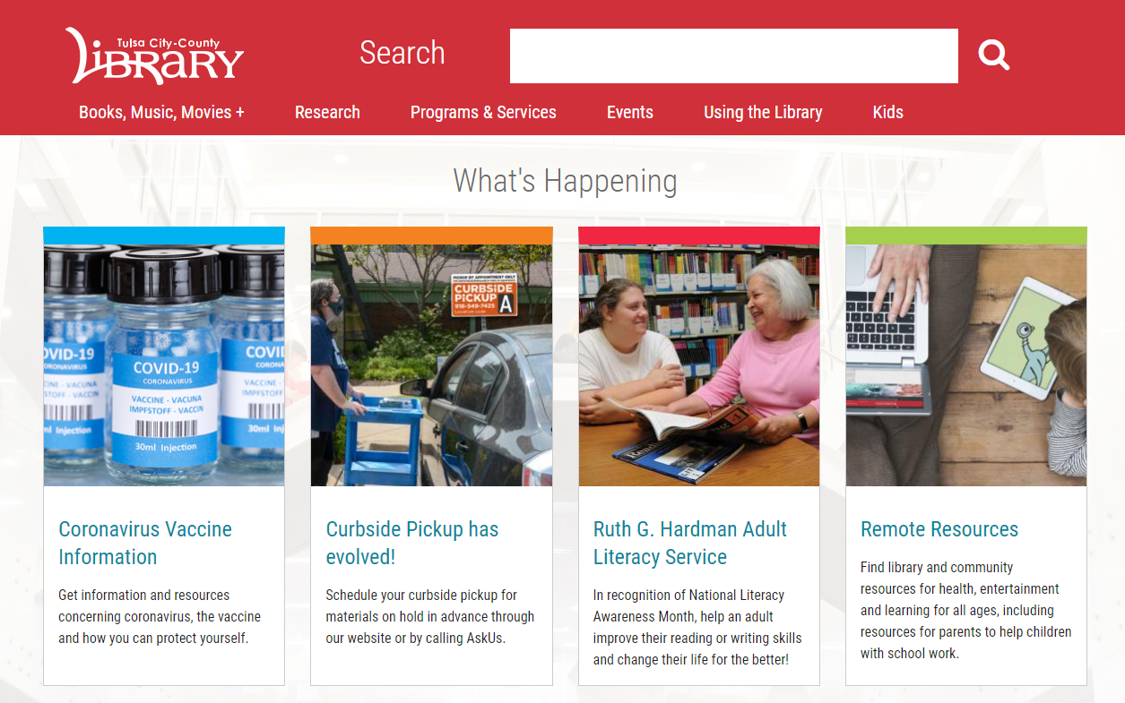 Tulsa City-County Library 2021 homepage