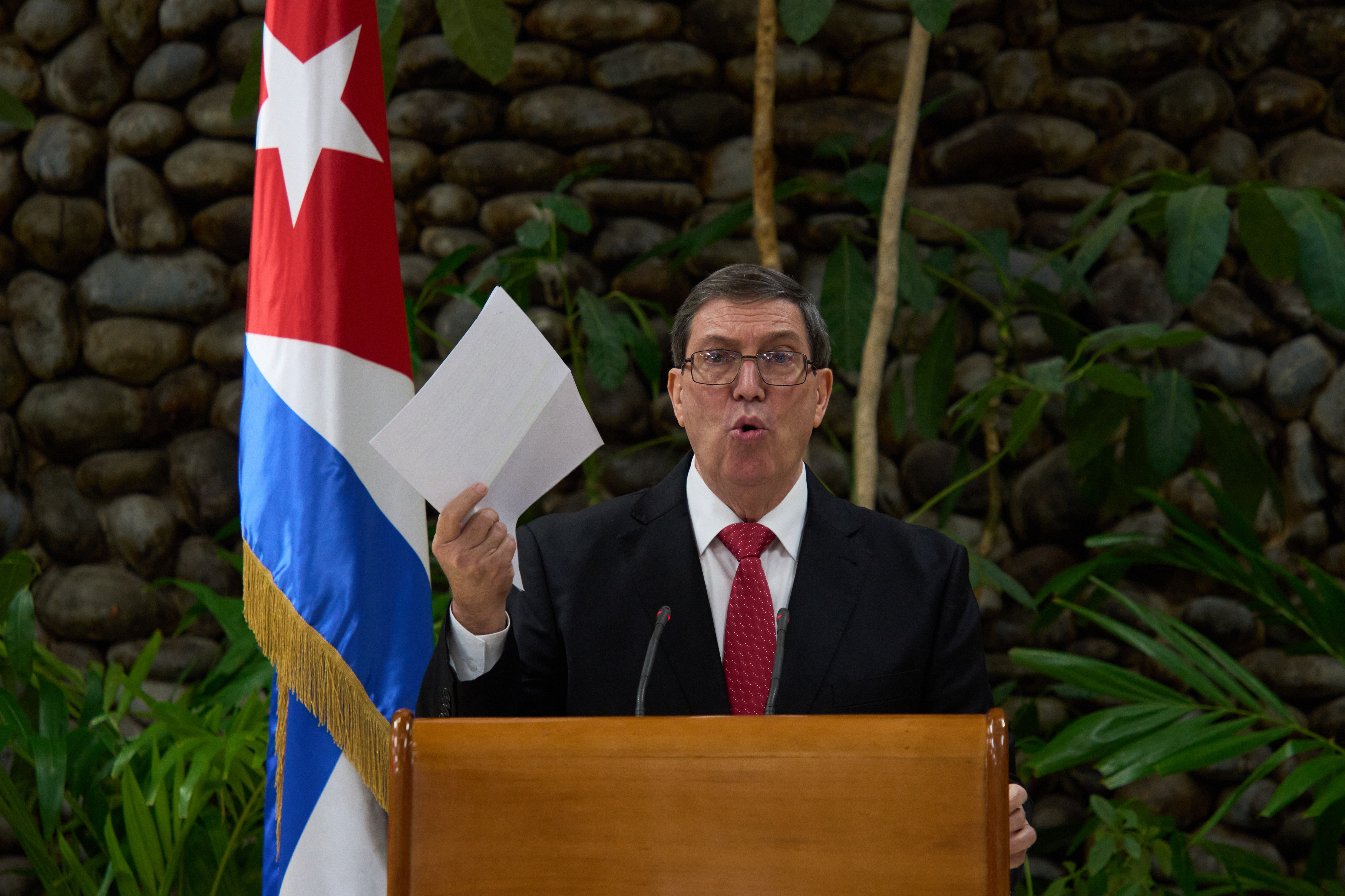Cuban Foreign Minister Bruno Rodriguez gives a news conference regarding the U.S embargo in Havana, Wednesday, Oct. 21, 2026.