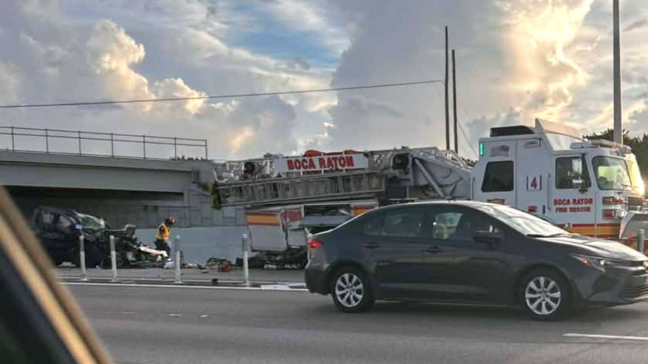 Three Boca Raton firefighters were taken to the hospital after a vehicle rear-ended a fire truck on I-95 on Sept. 16, 2026