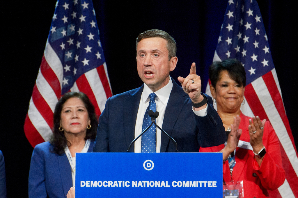 FILE - DNC chair candidate Ken Martin speaks at the Democratic National Committee Winter Meeting in National Harbor, Md., Feb. 1, 2025.