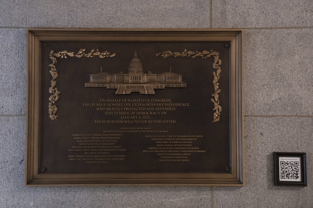 A plaque honoring police service on Jan. 6, 2021 at the Capitol, Saturday, March 7, 2026, in Washington. 