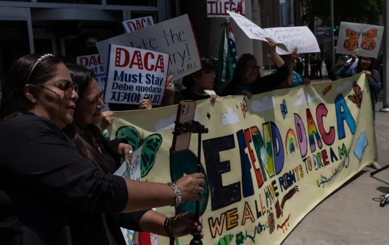 Supporters of the the Deferred Action for Childhood Arrivals policy rally after a hearing on the program outside the federal courthouse in Houston on June 1, 2023