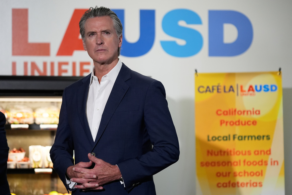 Gov. Gavin Newsom prepares to speak at a news conference at Belvedere Middle School, Wednesday, Oct. 8, 2025, in Los Angeles.