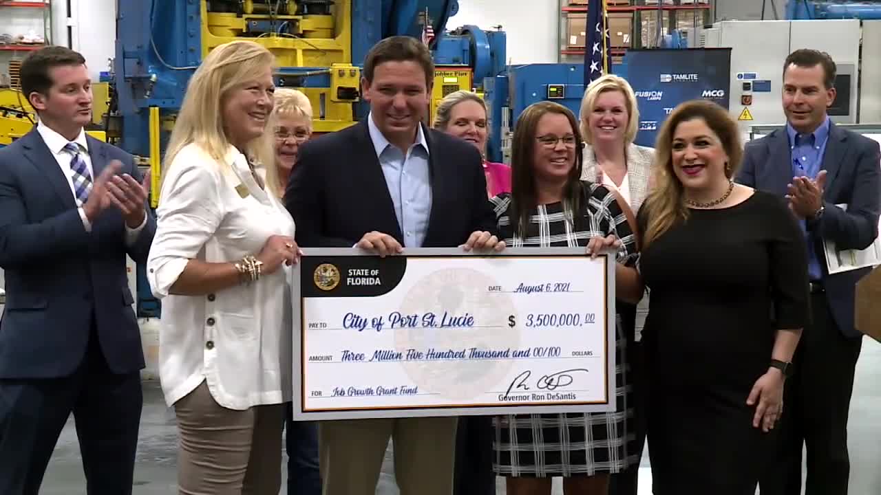 Gov. Ron DeSantis holds giant $3.5 million check awarded to city of Port St. Lucie, Aug. 6, 2021