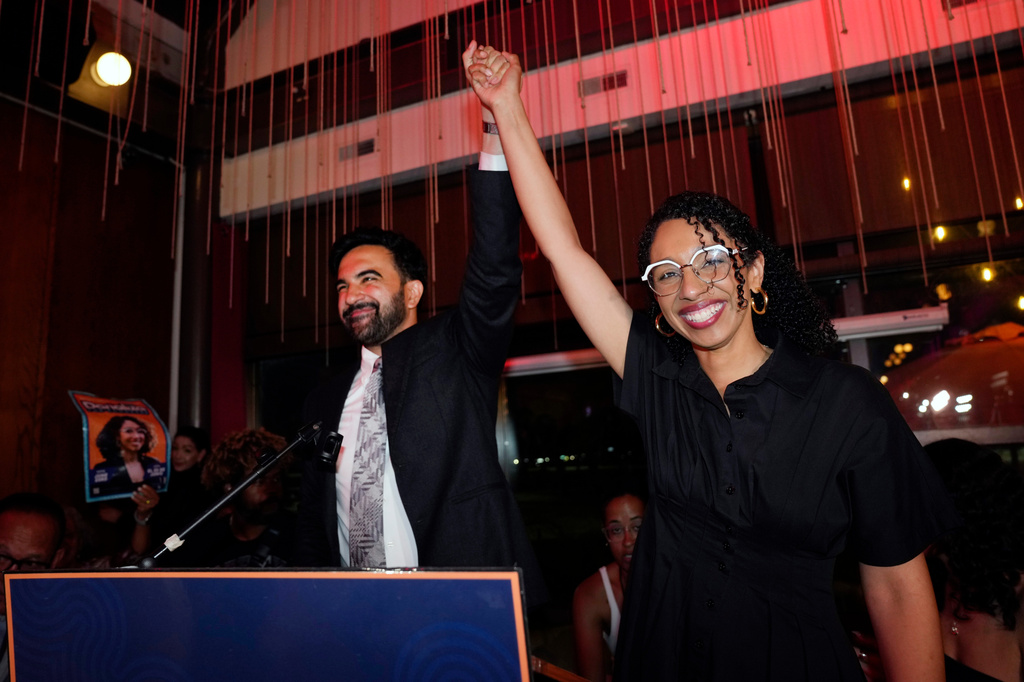 New York City Mayor Zohran Mamdani, celebrates with Democratic congressional candidate Darializa Avila Chevalier during an election night watch party Tuesday, June 23, 2026, in New York.