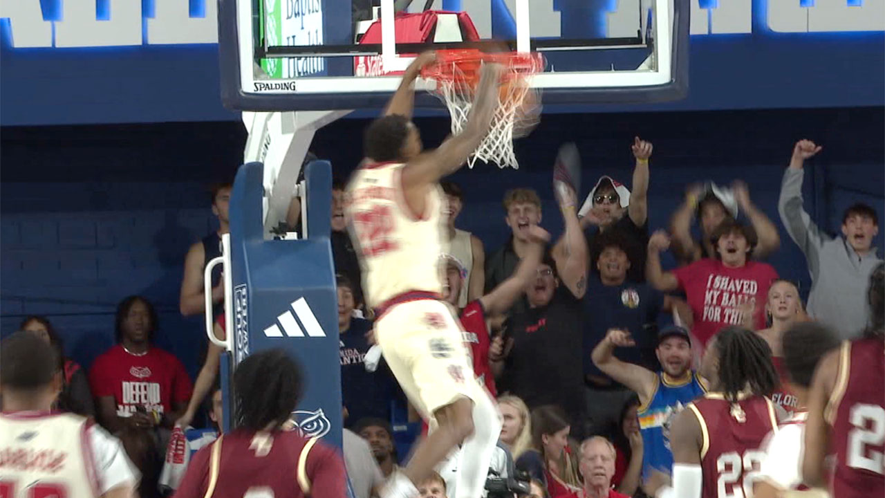 FAU guard Devin Vanterpool throws down a dunk against Boston College in Boca Raton, Florida, on Nov. 3, 2025.