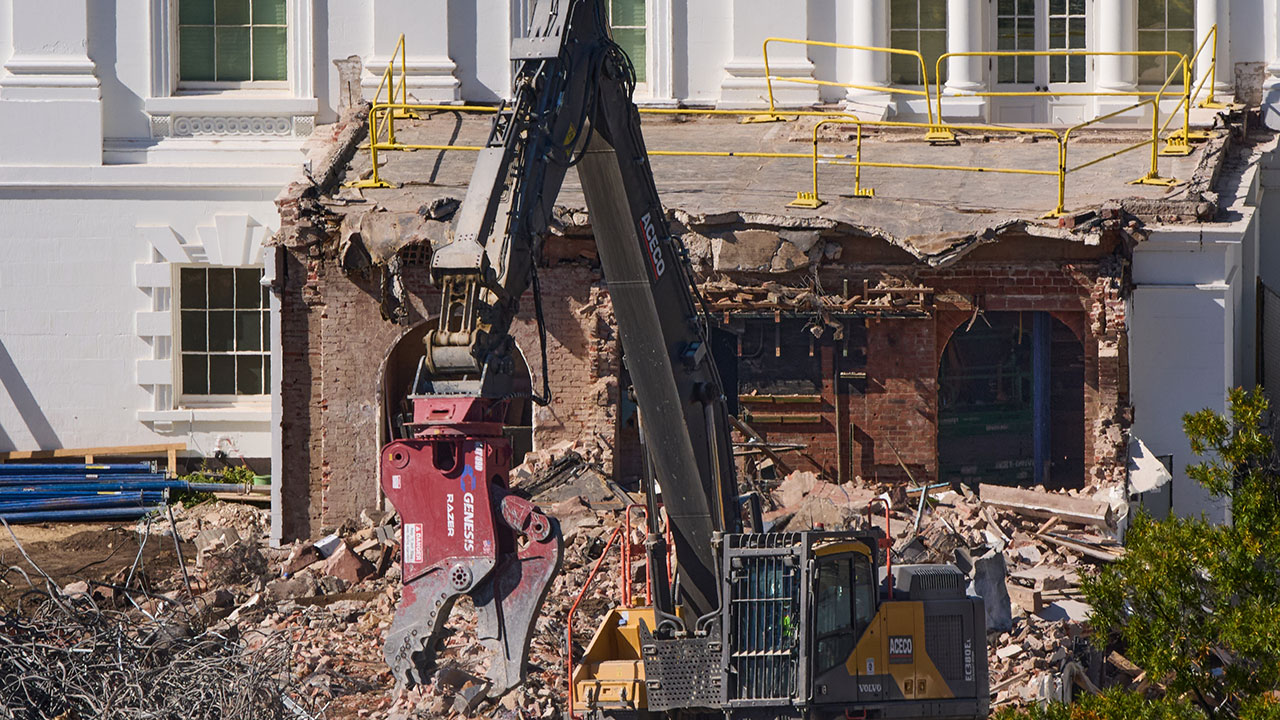 Work continues on a largely demolished part of the East Wing of the White House, Thursday, Oct. 23, 2025, in Washington, before construction of a new ballroom. (AP Photo/Jacquelyn Martin)