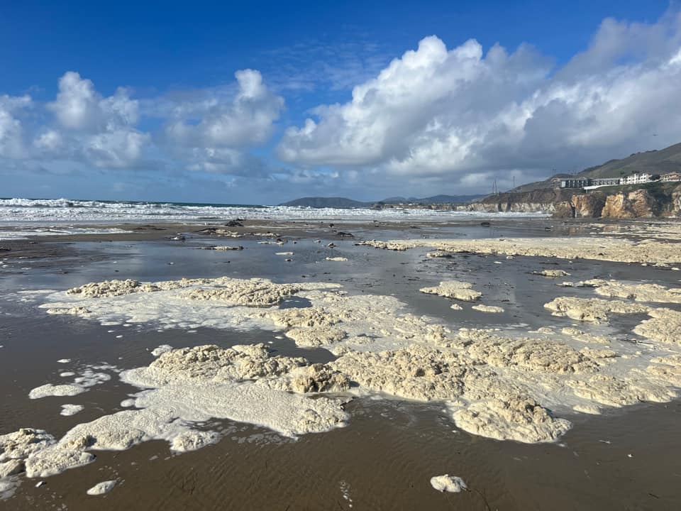 Foamy seas on the Central Coast following weekend rain.