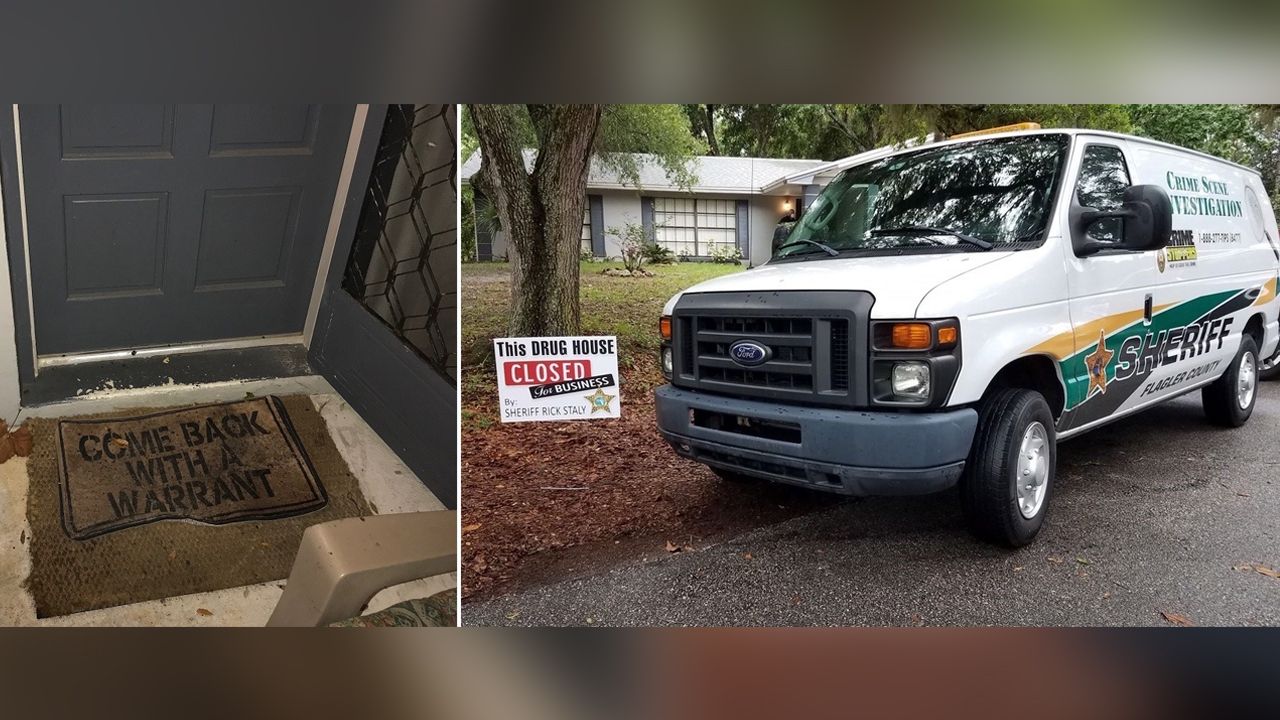 "Come Back With Warrant Mat" and Drug House sign with Flagler County Sheriff’s Office van