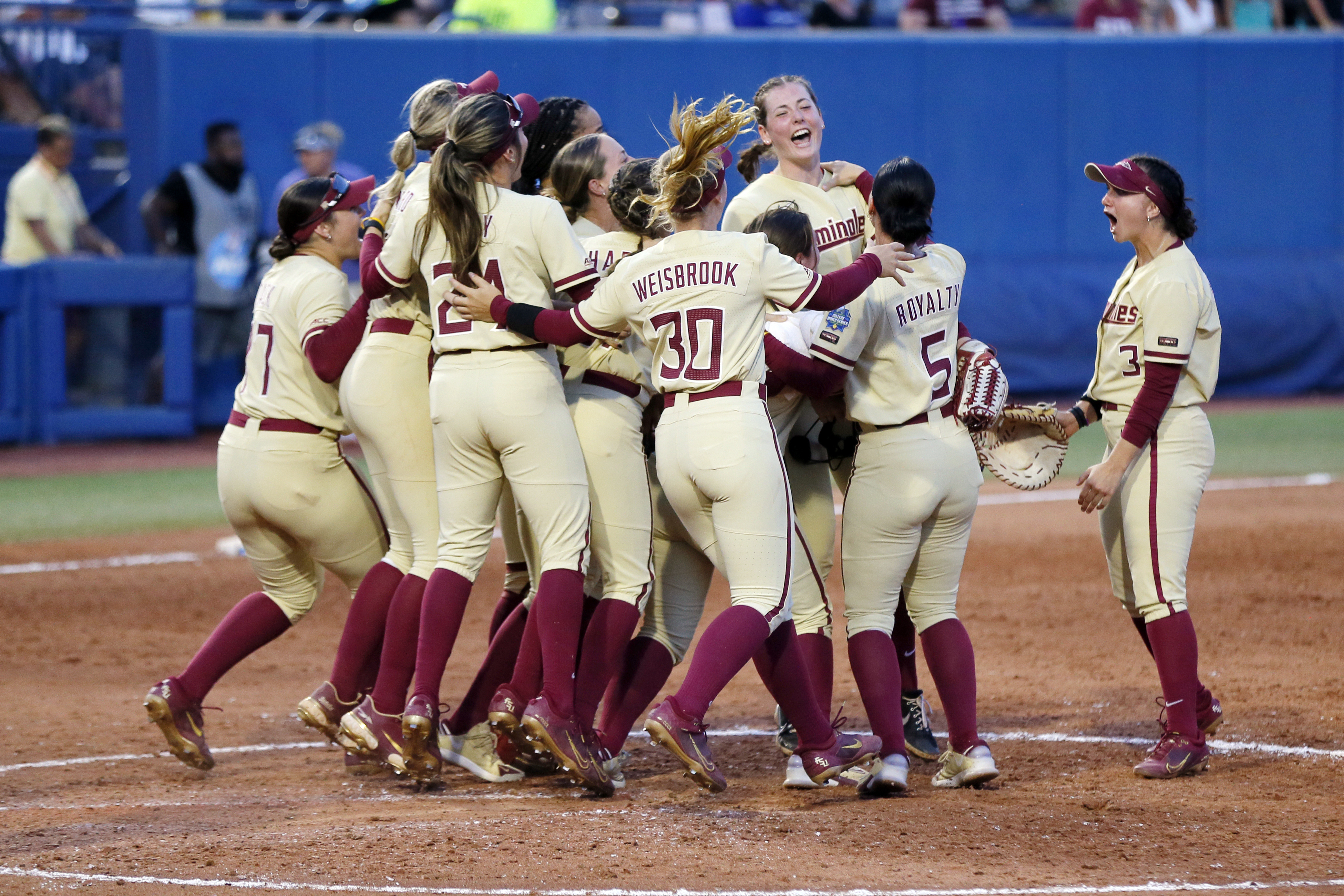 Florida State Seminoles softball team celebrates win against Tennessee Lady Volunteers in Women's College World Series, June 5, 2023