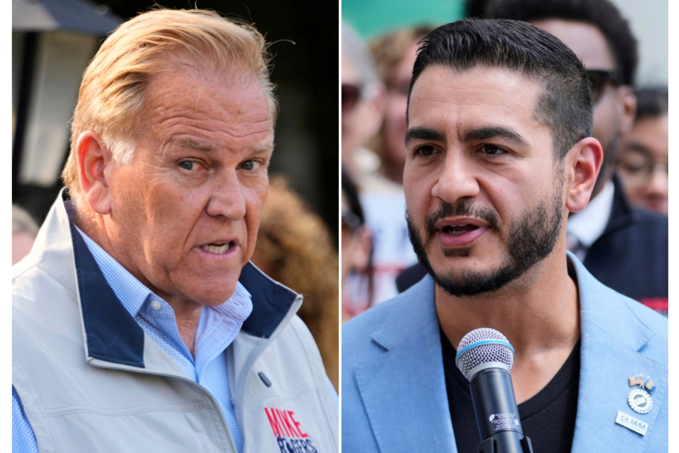 This combination photo of images taken in Detroit shows Senate nominees Republican Mike Rogers, Aug. 20, 2026, left, and Democrat Abdul El-Sayed, Aug. 19, 2026.