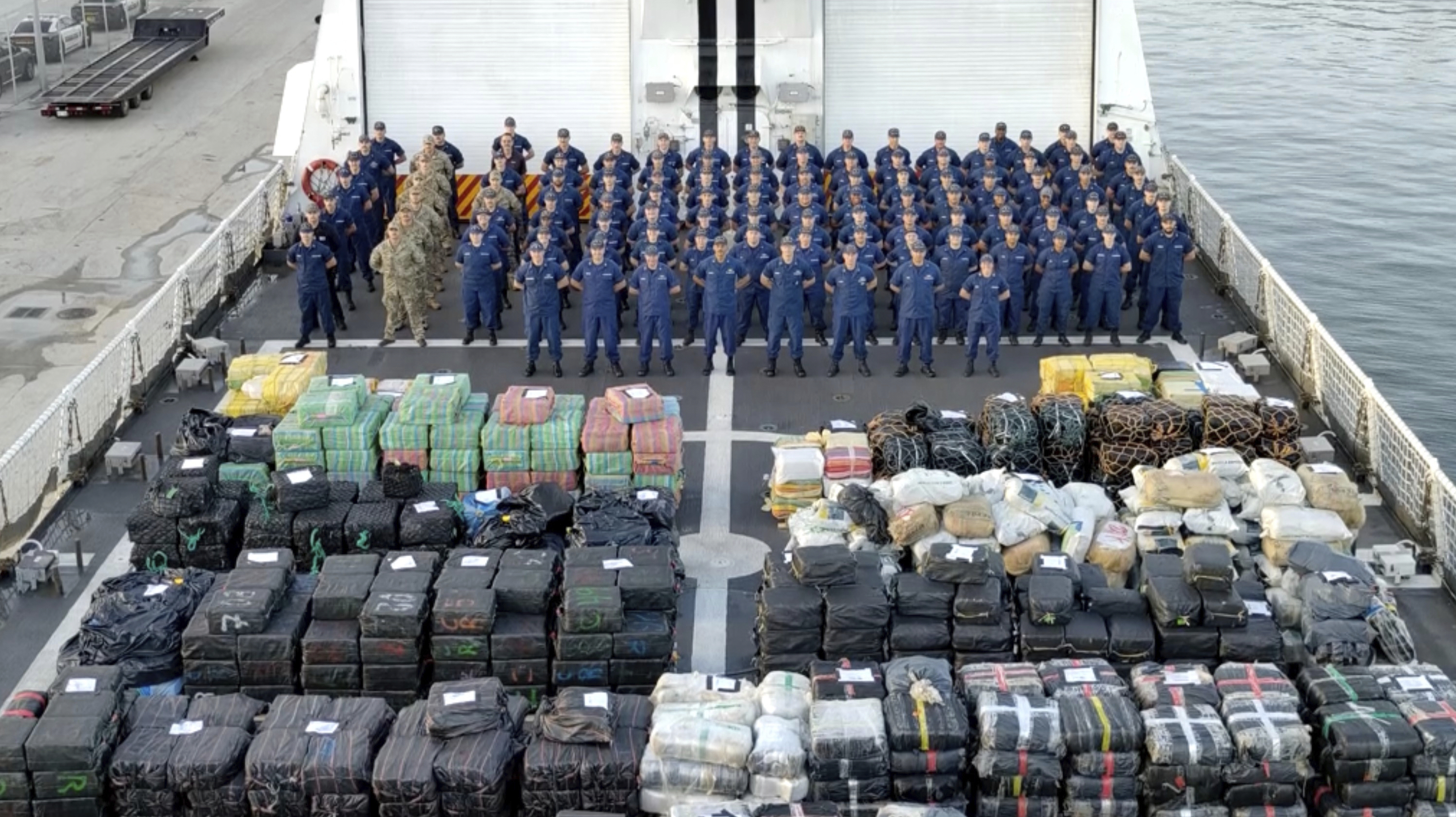 This still image from video and provided by the U.S. Coast Guard show crew members aboard the. US Coast Guard Cutter Hamilton after offloading illicit narcotics at Port Everglades, Fla., Monday, Aug. 25, 2025. 