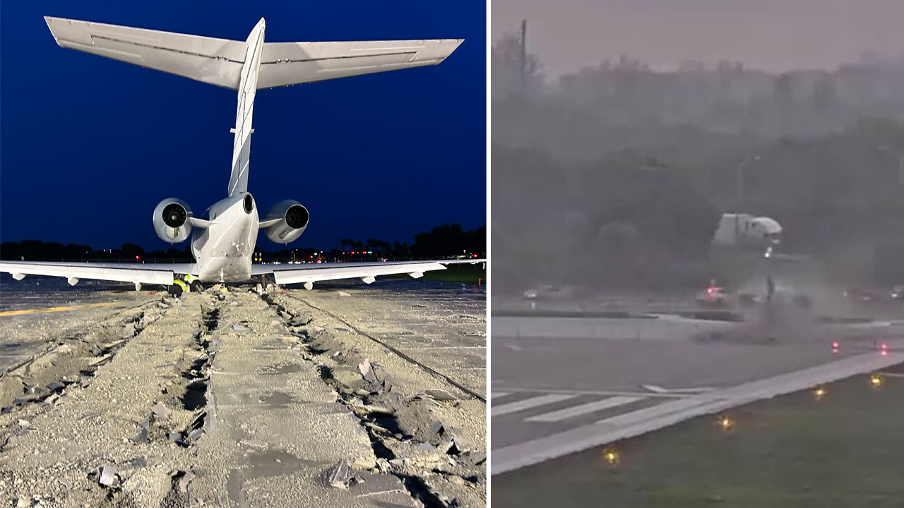 A private plane overshoots the runway at the Boca Raton Airport on Sept. 3, 2025.