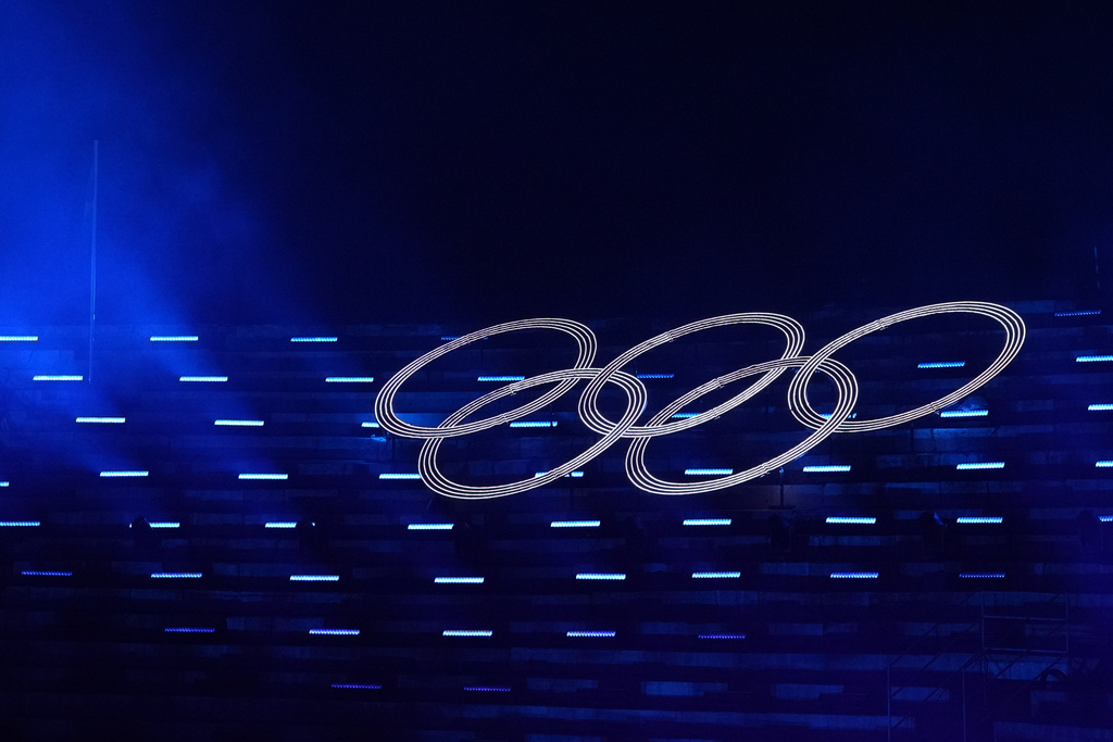The Olympic rings stand out during the closing ceremony of the 2026 Winter Olympics, in Verona, Italy, Sunday, Feb. 22, 2026.