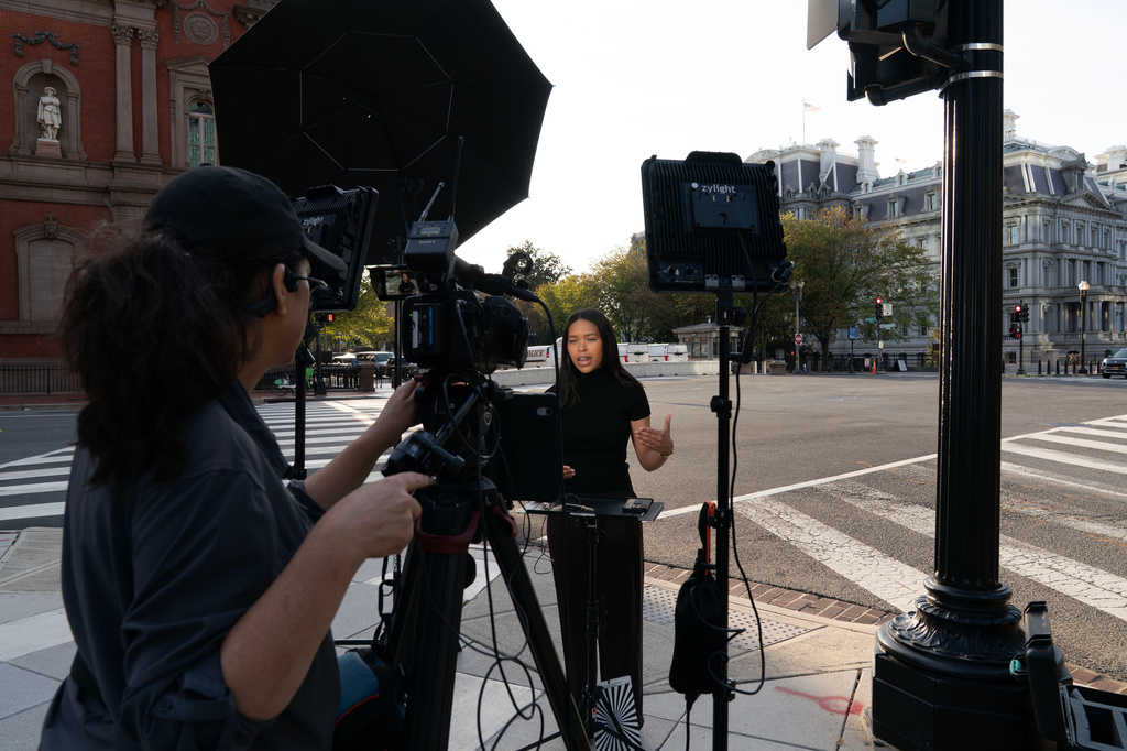 MS NOW White House reporter Akayla Gardner reporting near the White House complex after being denied entry following President Donald Trump’s ban on CNN, MS NOW and Politico, Saturday, Sept. 19, 2026, in Washington. 