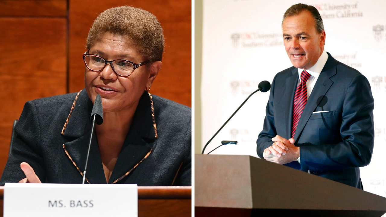 Democratic U.S. Rep. Karen Bass and billionaire developer Rick Caruso