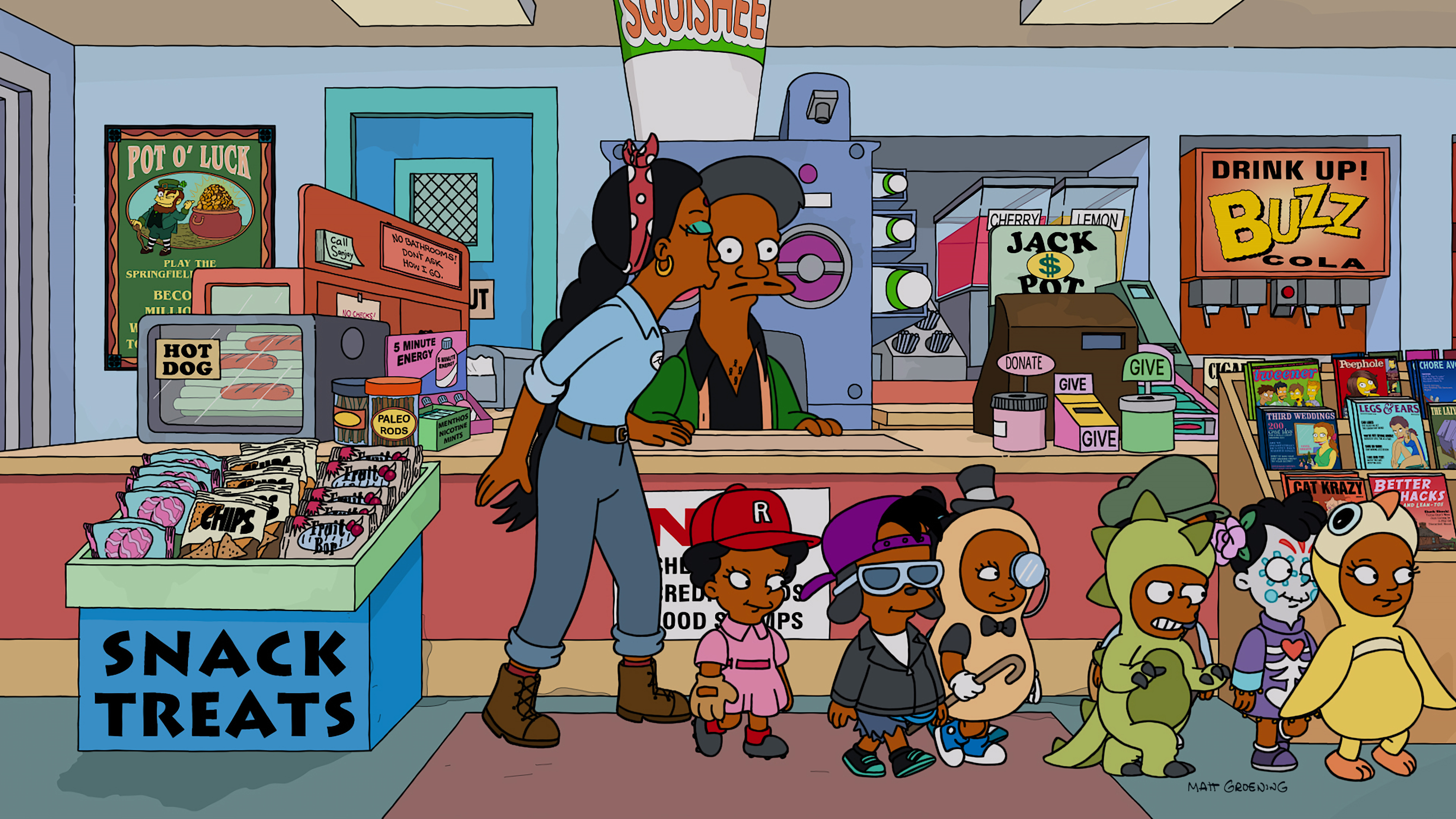 This image provided by FOX shows the new Apu with his wife Manjula and children from an episode of "The Simpsons." 