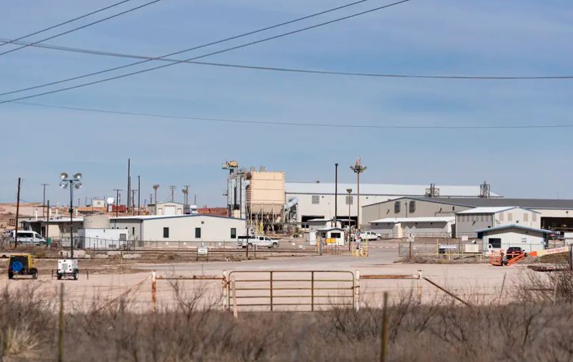 The entrance to the Waste Control Specialists site where low-level radioactive and hazardous waste is being stored. The company is seeking a federal license to store the highest level of nuclear waste, but lawmakers are trying to ban that..JPG
