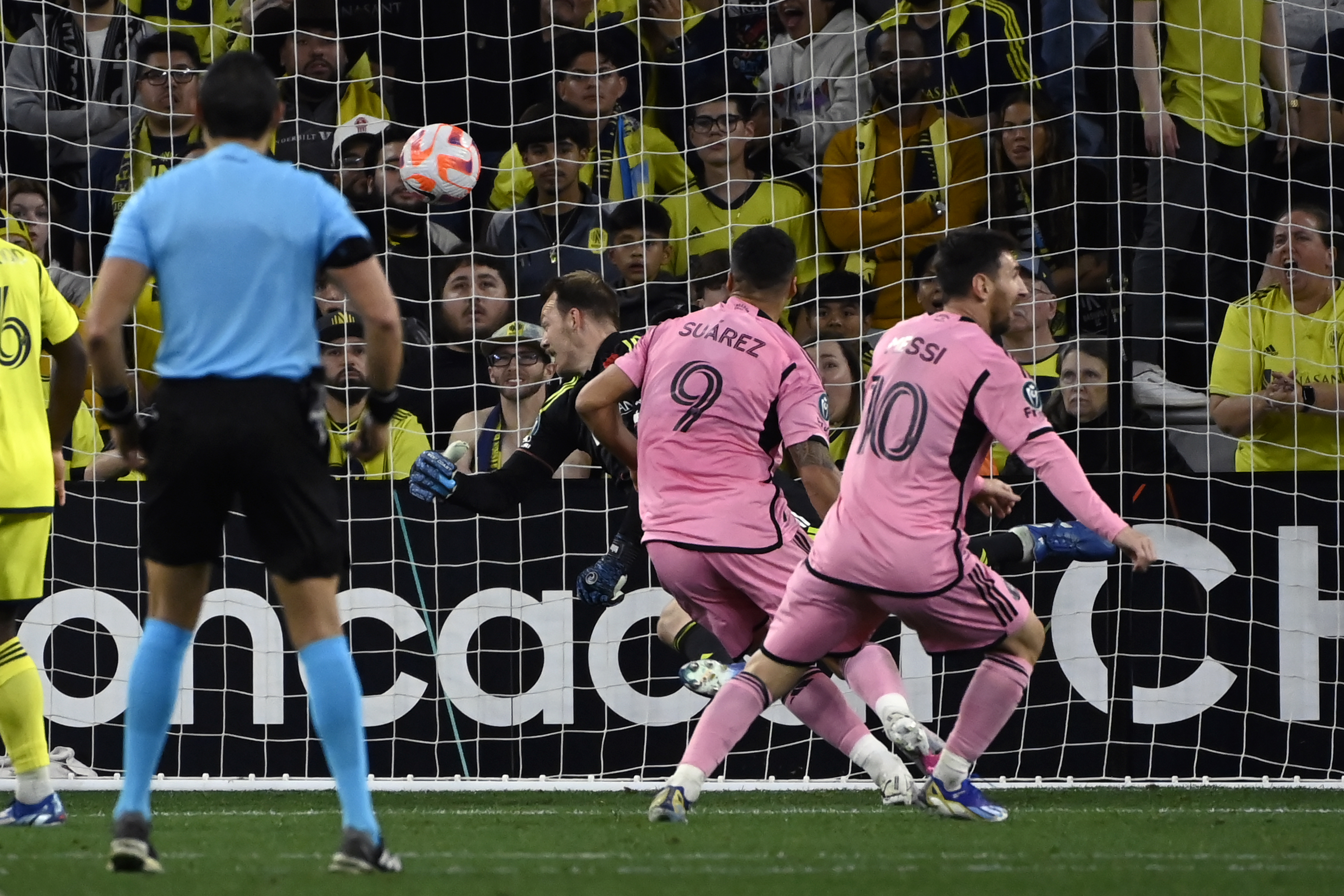 Inter Miami forward Luis Suarez heads ball in goal past Nashville SC goalkeeper Joe Willis during second half, March 7, 2024