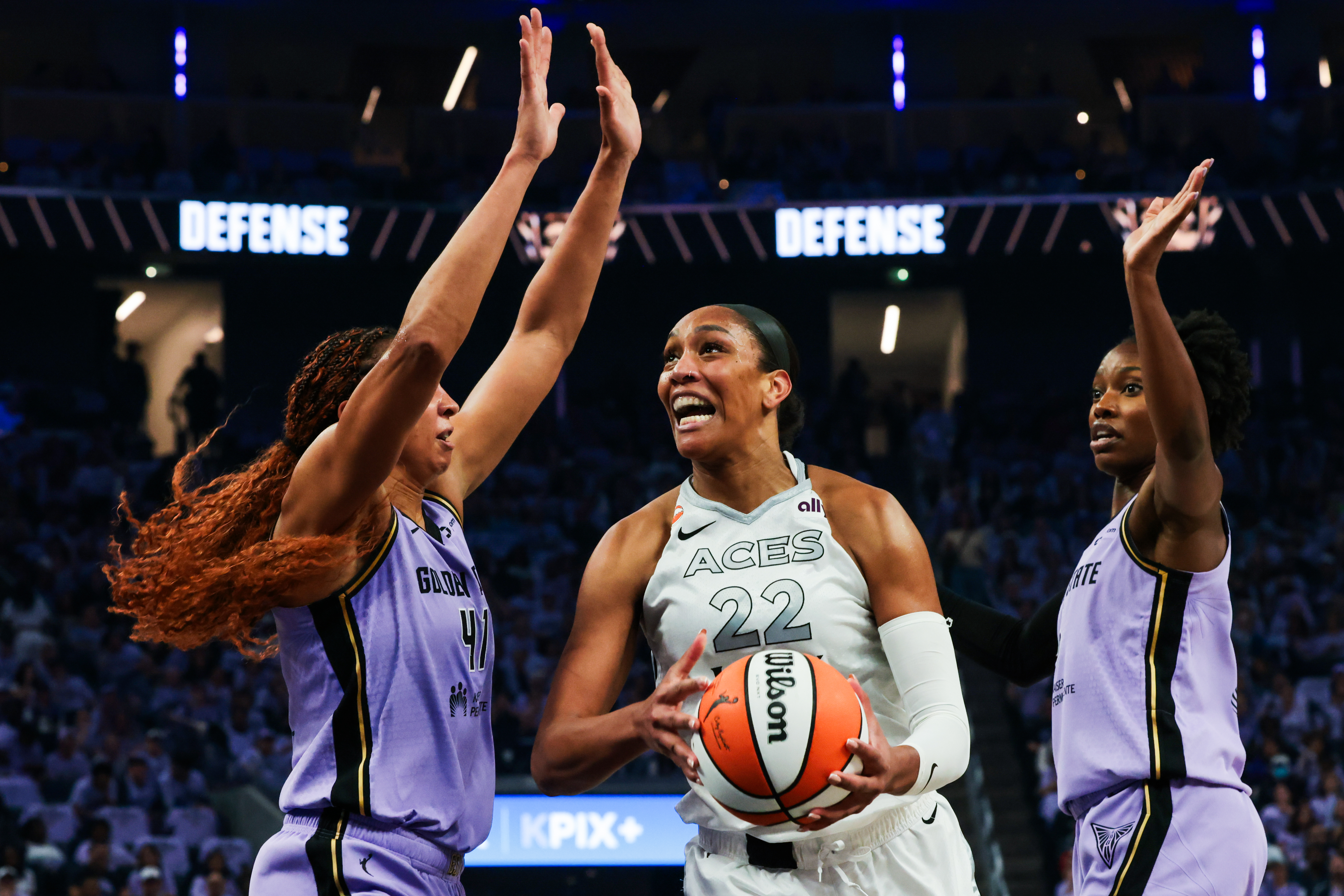 The Golden State Valkyries center Kiah Stokes (41) and guard Kaila Charles (6) block Las Vegas Aces center A'ja Wilson (22)  during Game 2 of the WNBA Semifinals in San Francisco, Wednesday, Oct. 7, 2026. 