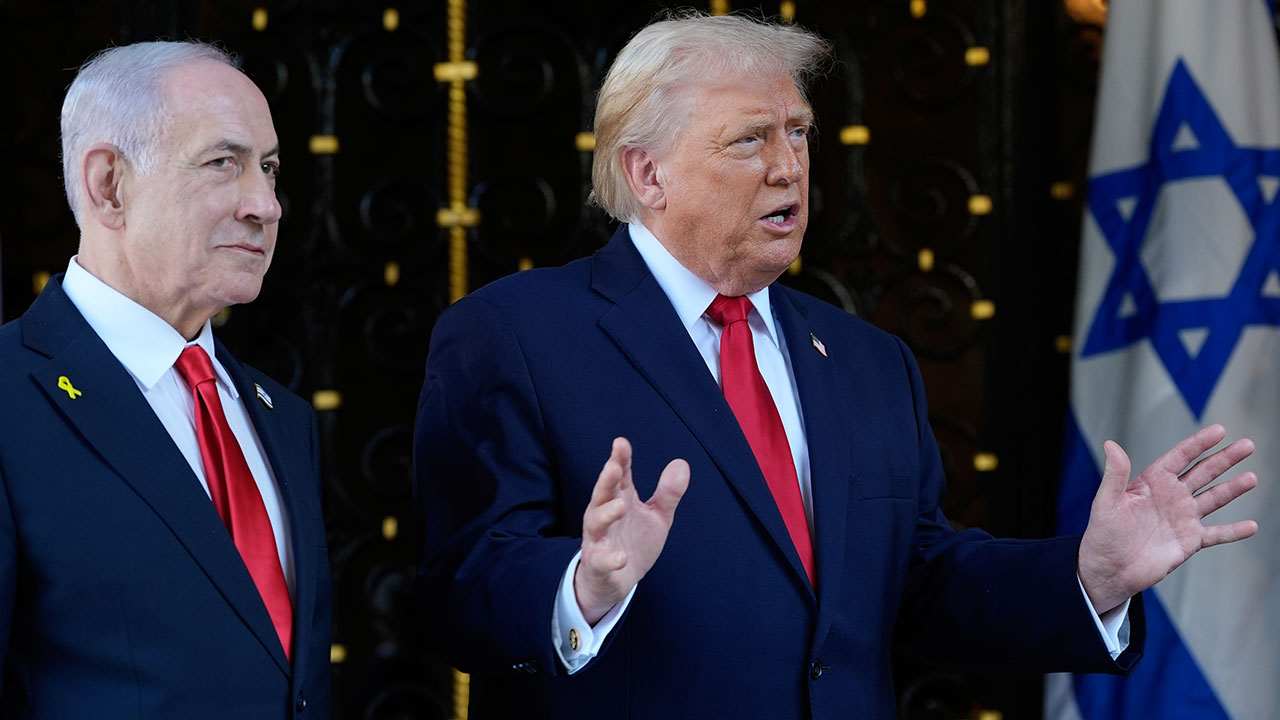 President Donald Trump speaks to reporters as he greets Israel's Prime Minister Benjamin Netanyahu at his Mar-a-Lago club, Monday, Dec. 29, 2025, in Palm Beach, Fla.