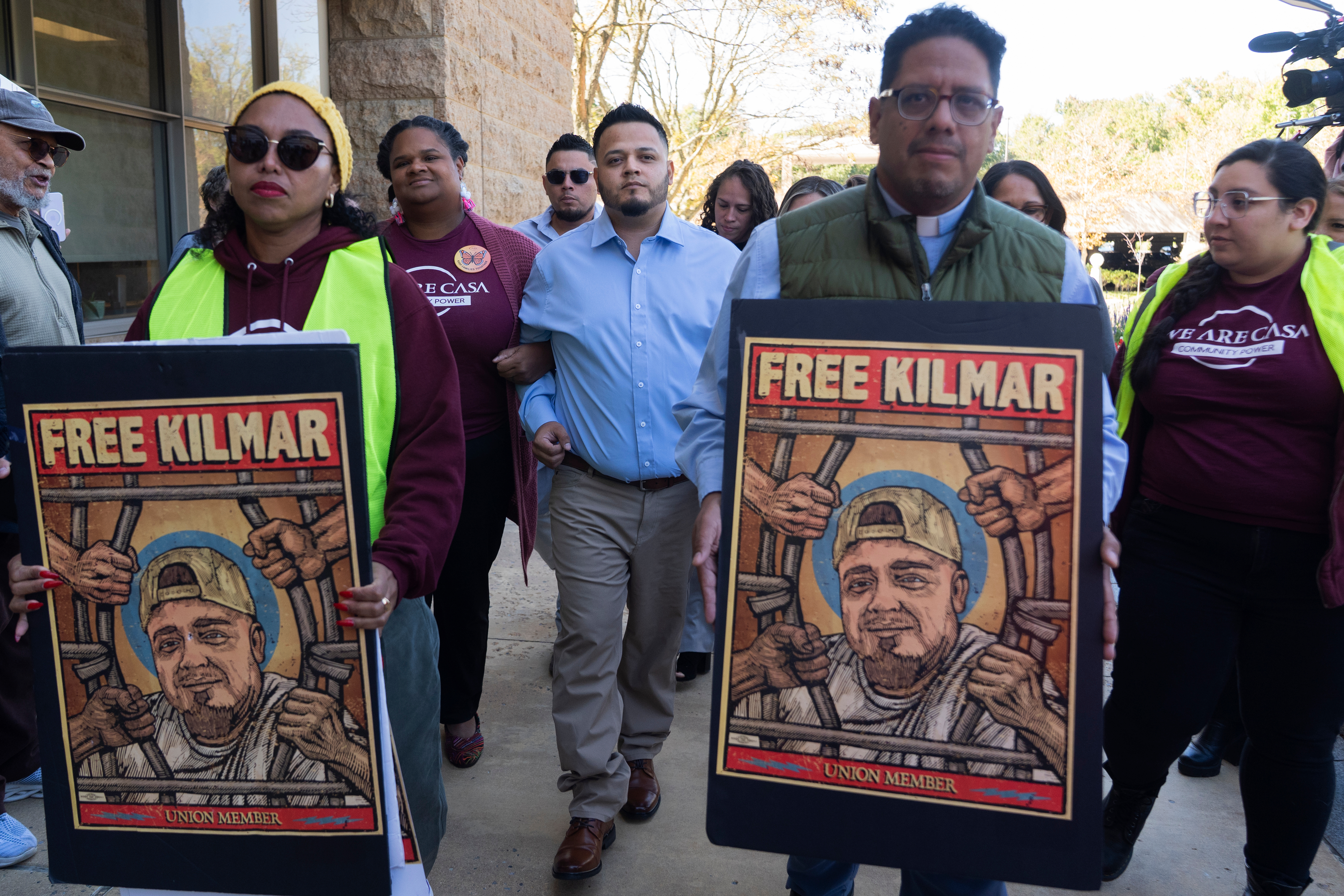 Kilmar Abrego Garcia, center, arrives with his supporters at the U.S. District Court for the District of Maryland, in Greenbelt, Md., for a hearing in the immigration-related case of Kilmar Abrego Garcia, Tuesday, Oct. 6, 2026.