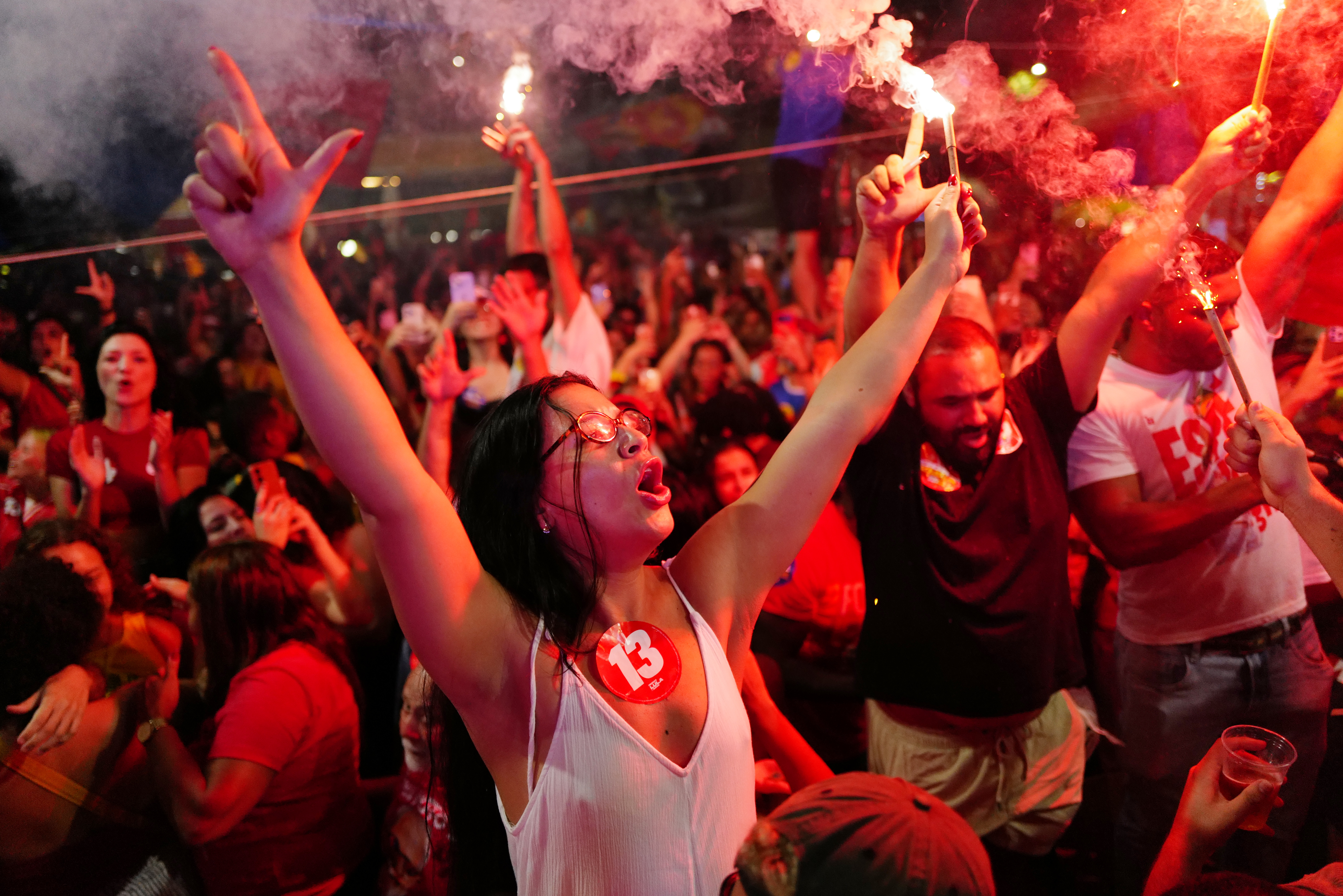 Supporters of President Luiz Inacio Lula da Silva celebrate after he won the presidential runoff in Rio de Janeiro, Sunday, Oct. 25, 2026.