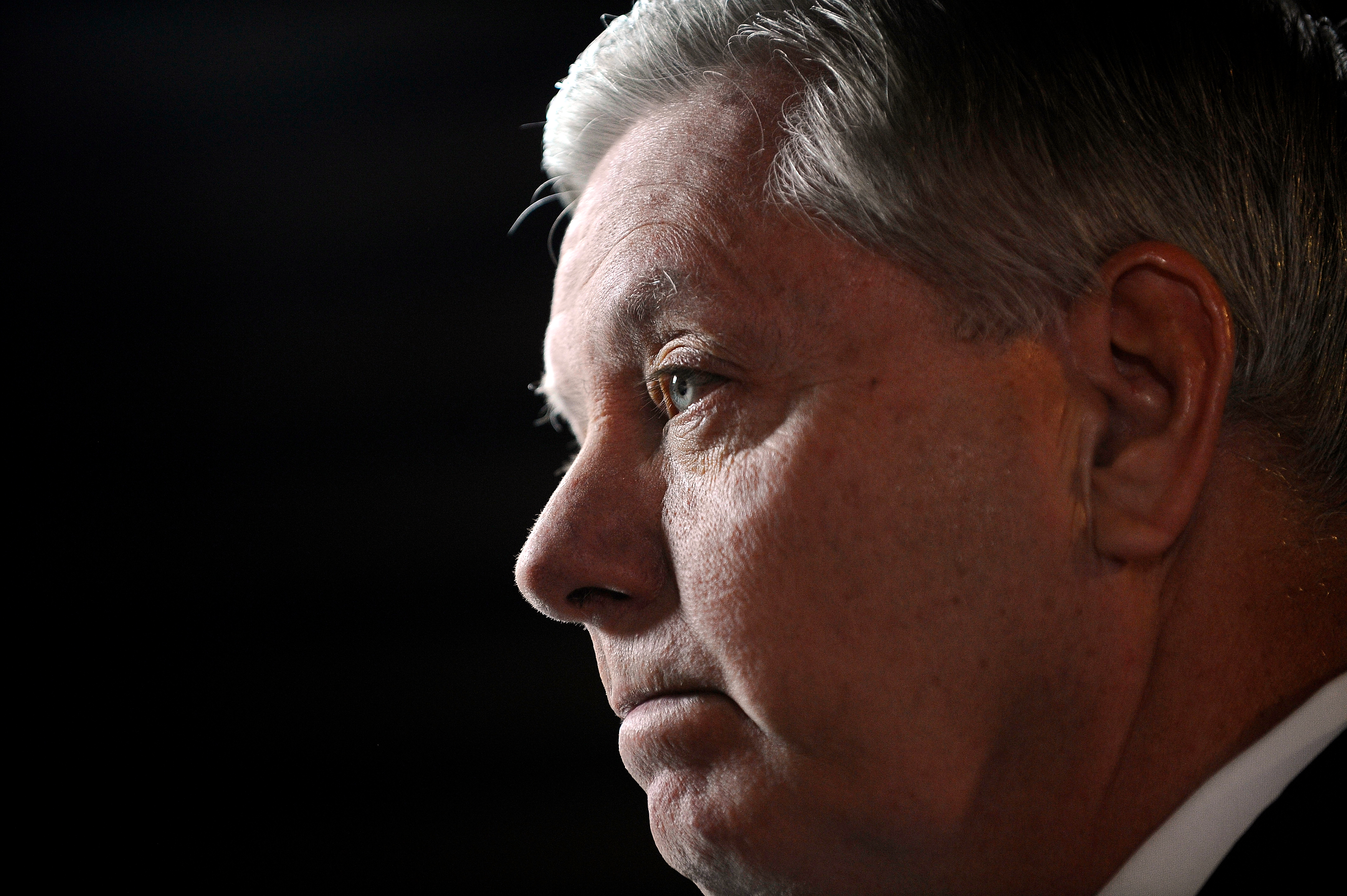 Sen. Lindsey Graham, R-S.C., speaks to the media before the CBS News Republican presidential debate at the Peace Center, Saturday, Feb. 13, 2016, in Greenville, S.C.