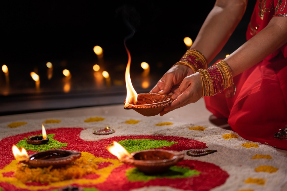 Traditional,Diya,Lamps,Lit,During,Diwali,Celebration