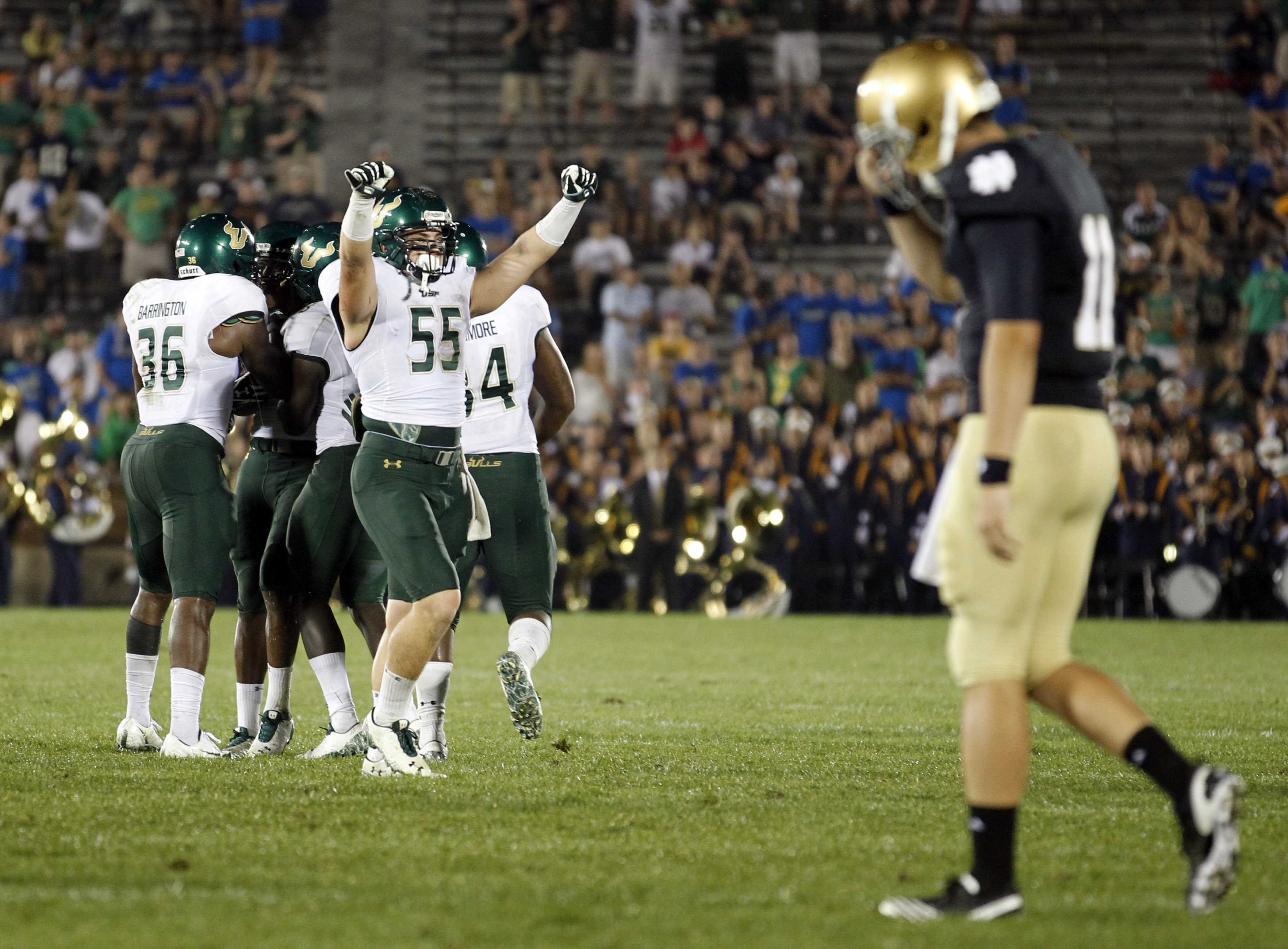 USF Bulls celebrate after 2011 upset at Notre Dame Fighting Irish